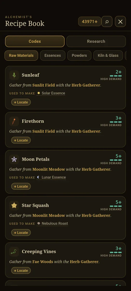 The Alchemist&rsquo;s Recipe Book open on raw materials: Sunleaf, Firethorn, Moon Petals and Star Squash, each listing where to gather it and what it makes.