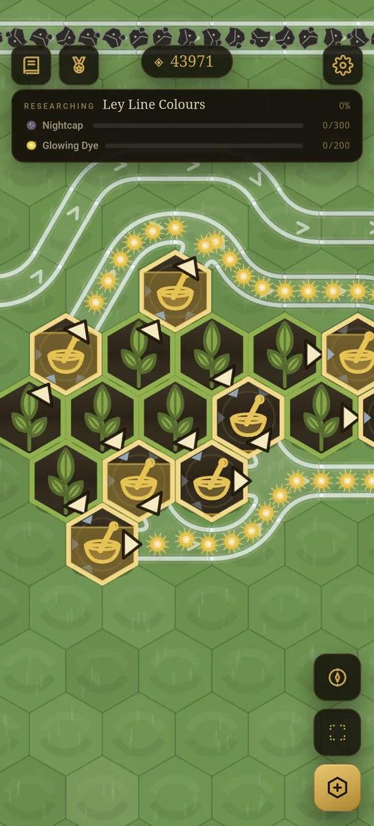 A hex isle close up: mortar-and-pestle workshops and herb patches wired together by glowing ley lines, with Ley Line Colours part-way through research.